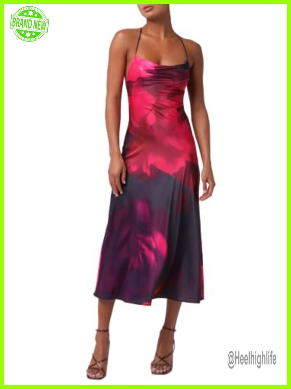 Floral Cowl Neck Lace-Up Back Midi Dress Wedding Guest Cocktail